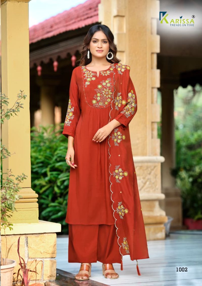 Karissa Ajmera Viscose Mal Chanderi Thread Work Kurti With Bottom Dupatta Set — Wholesale Kurtis, Vardan Ethnic wholesale from Surat — view 3