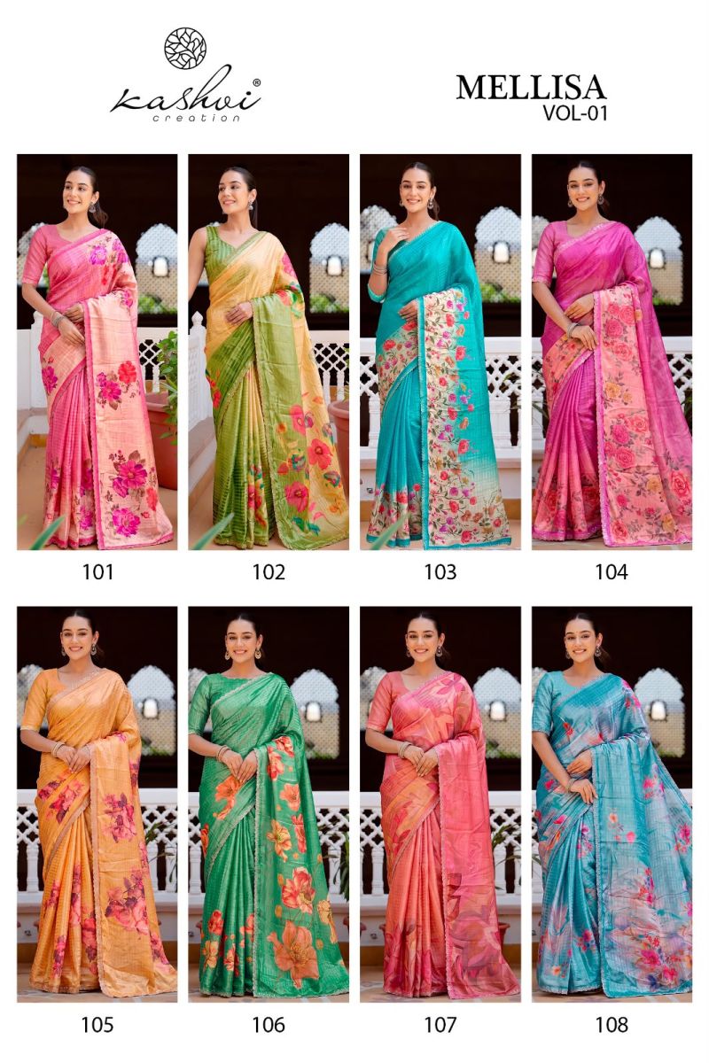 Kashvi Mellisa Vol 1 Viscose Satin Digital Print Swarovski Work Saree — Wholesale Sarees, Kashvi Creation wholesale from Surat — Photo 10