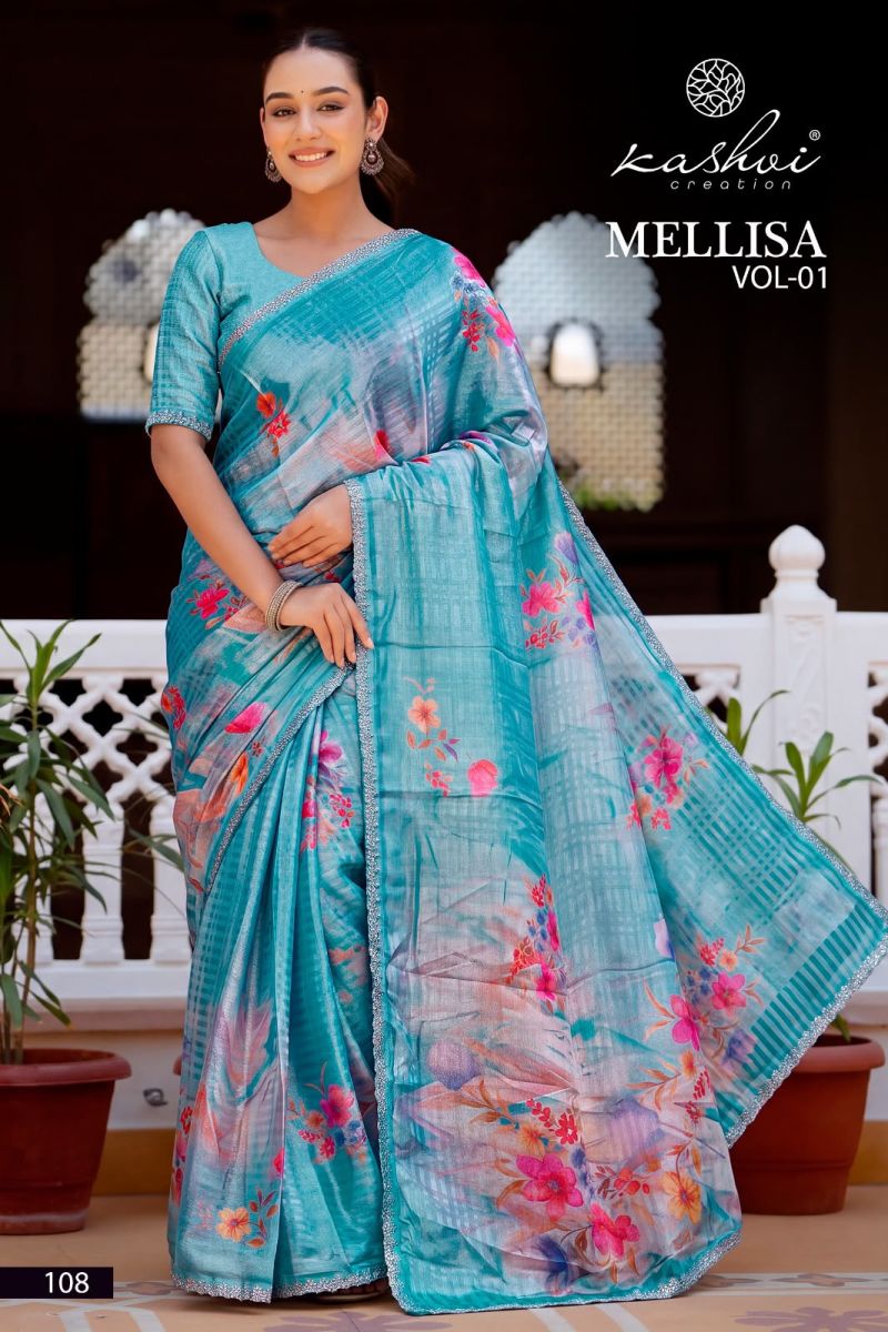 Kashvi Mellisa Vol 1 Viscose Satin Digital Print Swarovski Work Saree — Wholesale Sarees, Kashvi Creation wholesale from Surat — Photo 9