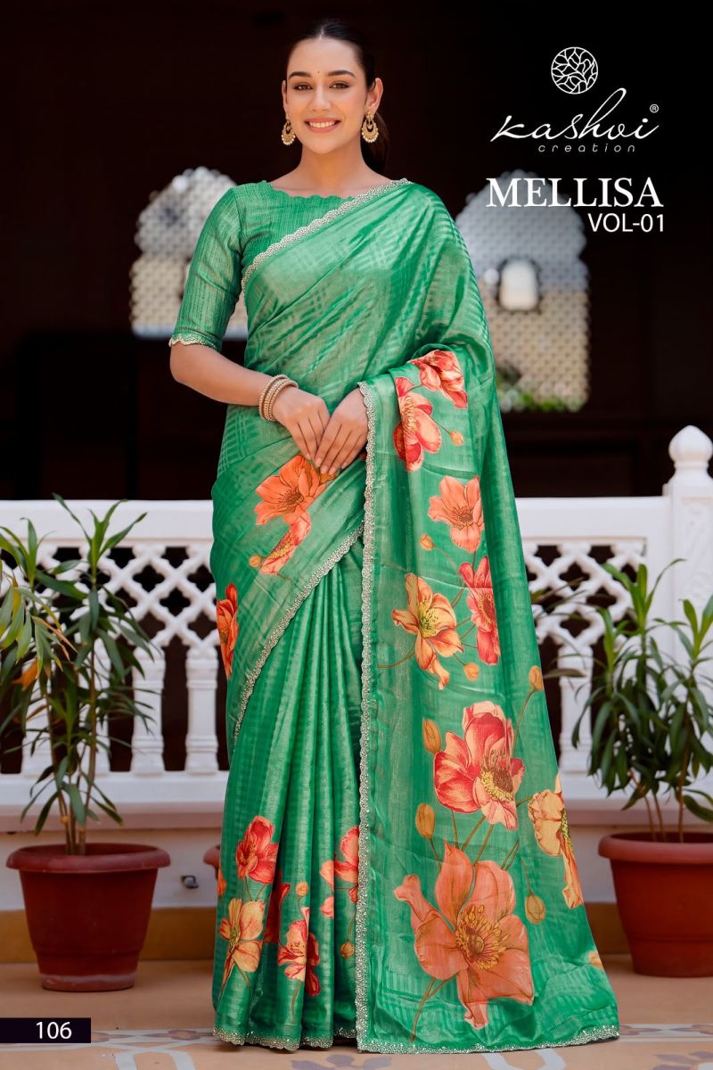 Kashvi Mellisa Vol 1 Viscose Satin Digital Print Swarovski Work Saree — Wholesale Sarees, Kashvi Creation wholesale from Surat — Photo 7
