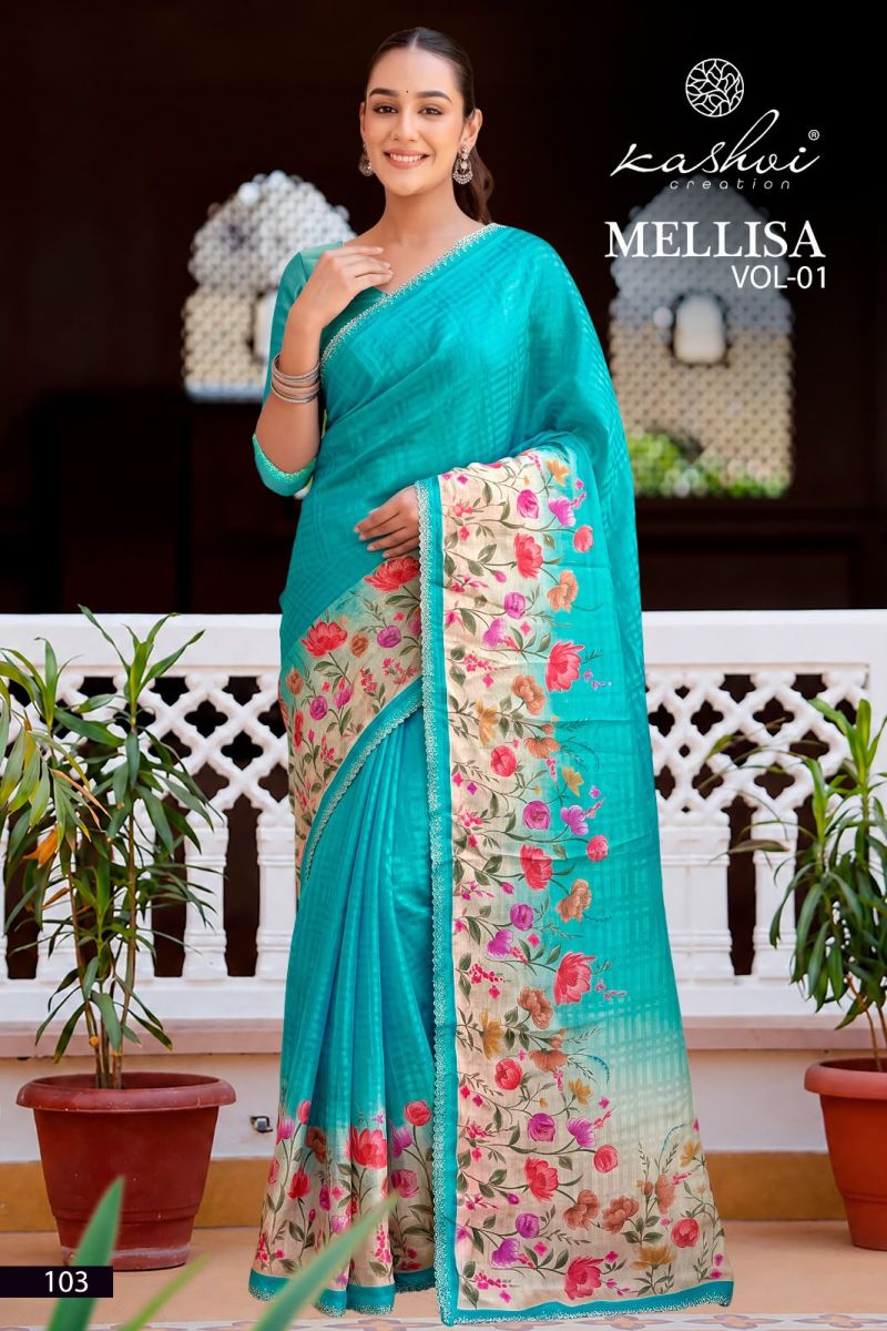 Kashvi Mellisa Vol 1 Viscose Satin Digital Print Swarovski Work Saree — Wholesale Sarees, Kashvi Creation wholesale from Surat — Photo 6