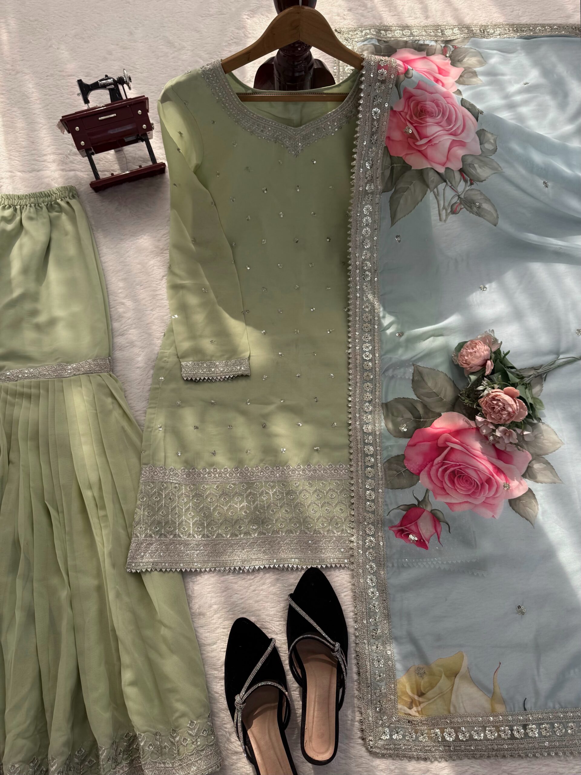 KD1584 Heavy Faux Georgette Thread &amp; Sequin Work Sharara Suit Set with Tibby Silk Dupatta — Wholesale Salwar Suits, Vardan Ethnic wholesale from Surat — view 4