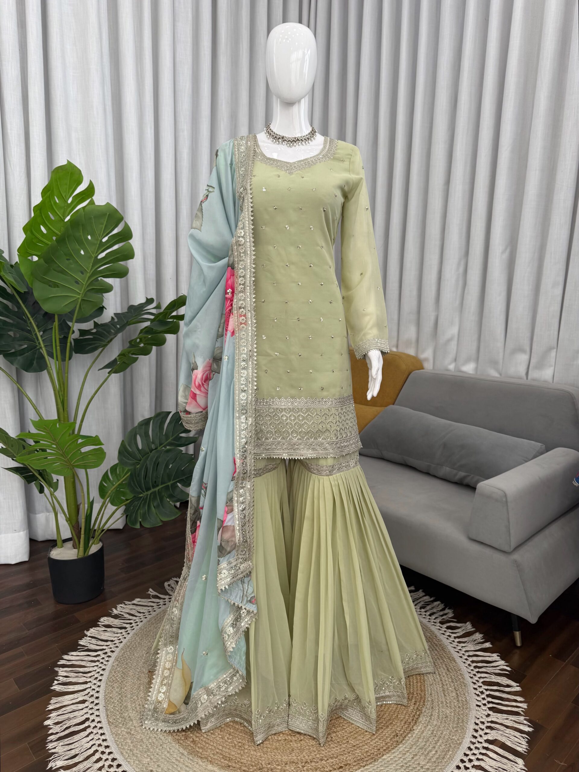 KD1584 Heavy Faux Georgette Thread &amp; Sequin Work Sharara Suit Set with Tibby Silk Dupatta — Wholesale Salwar Suits, Vardan Ethnic wholesale from Surat — view 2