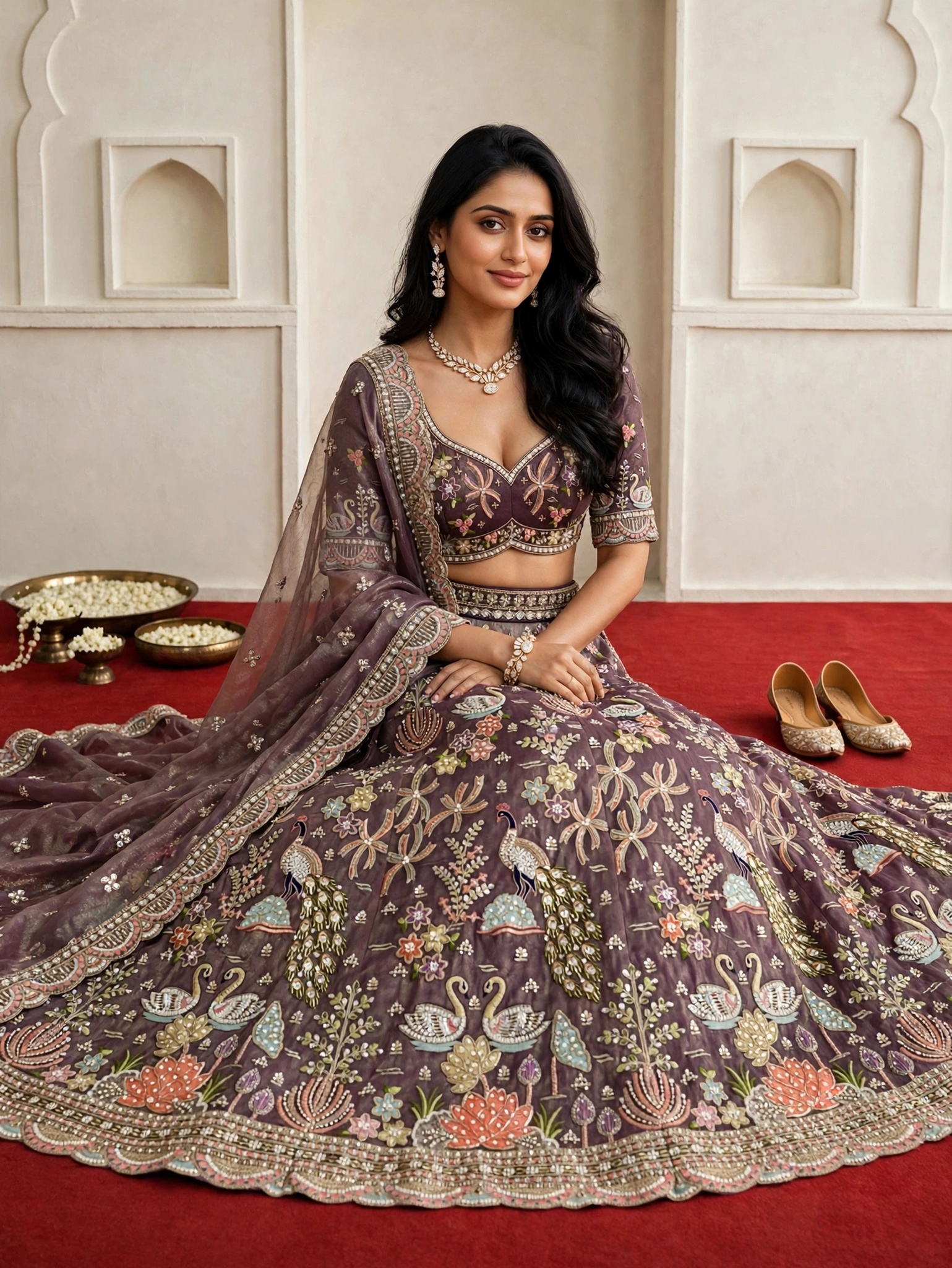 KF 20 Majestic Purple Tissue Bridal Wedding Lehenga Choli with Swan & Peacock Motifs