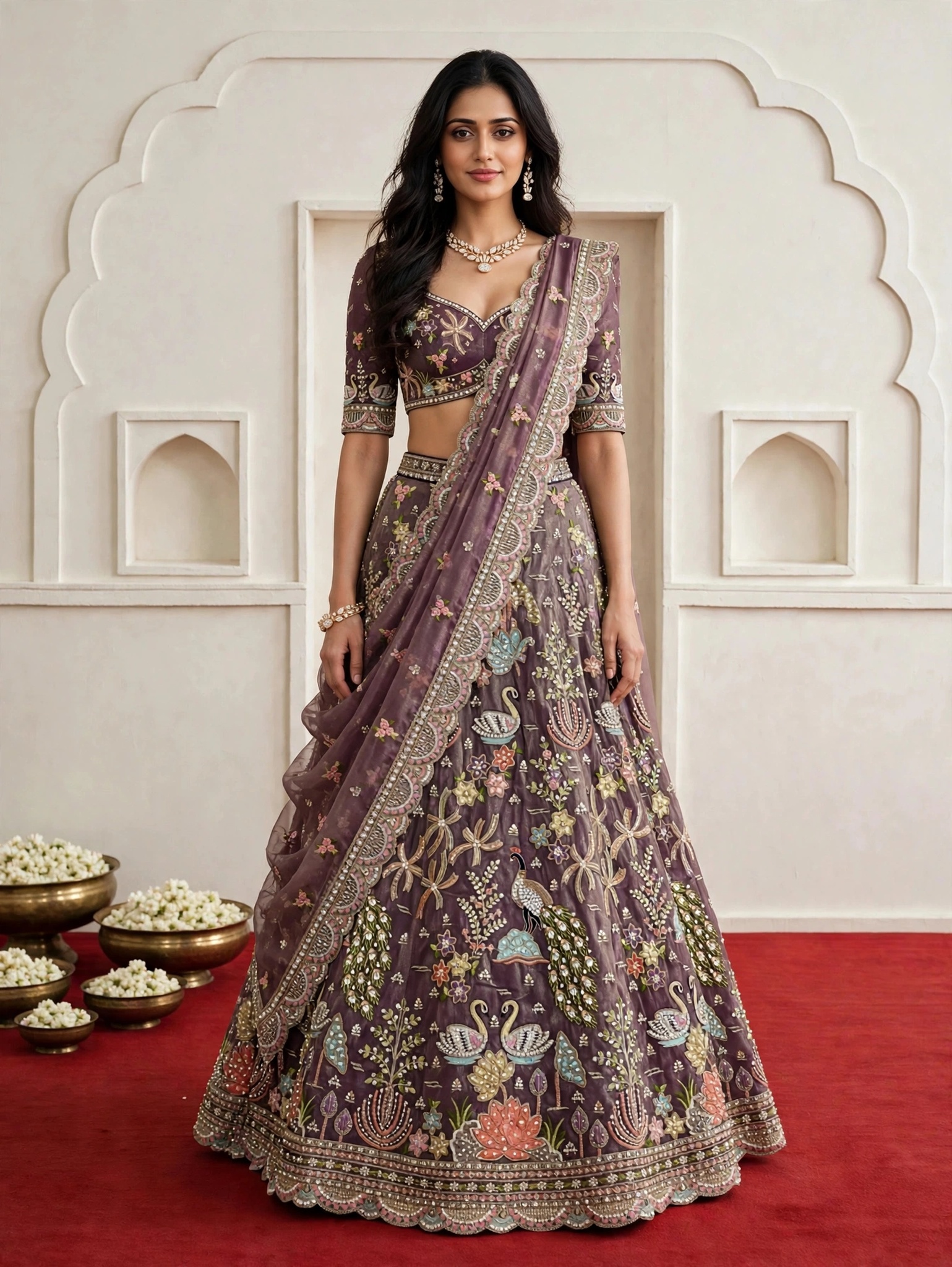 KF 20 Majestic Purple Tissue Bridal Wedding Lehenga Choli with Swan Peacock Motifs — Wholesale Lehenga, Vardan Ethnic wholesale from Surat — view 3