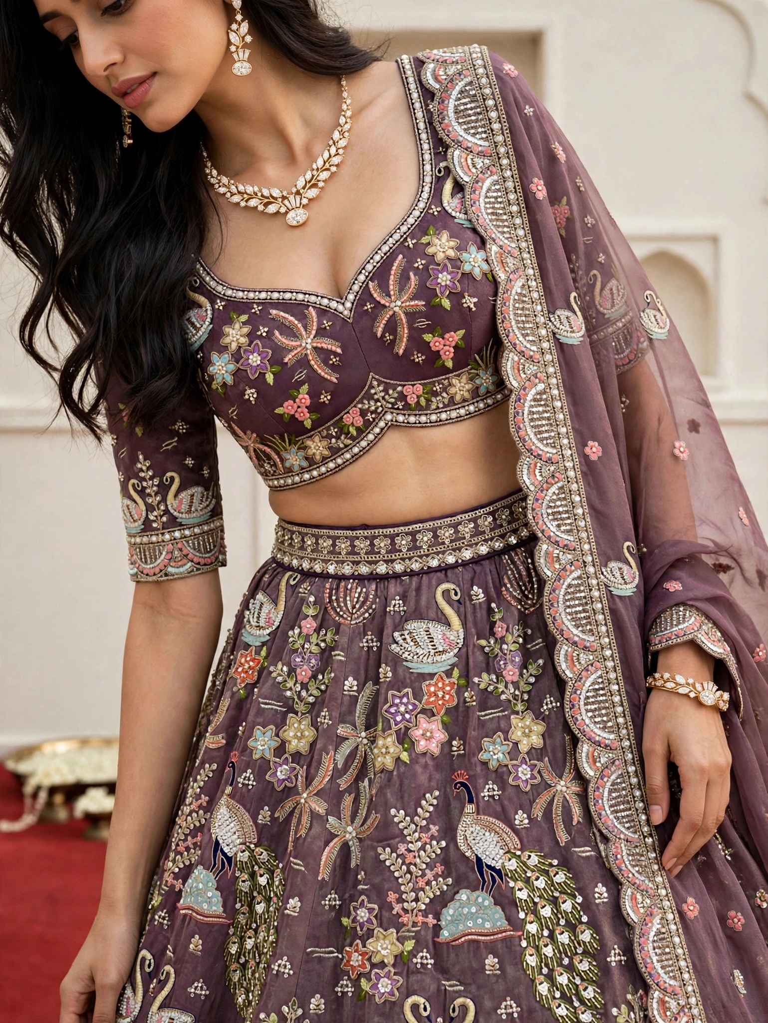 KF 20 Majestic Purple Tissue Bridal Wedding Lehenga Choli with Swan Peacock Motifs — Wholesale Lehenga, Vardan Ethnic wholesale from Surat — view 2