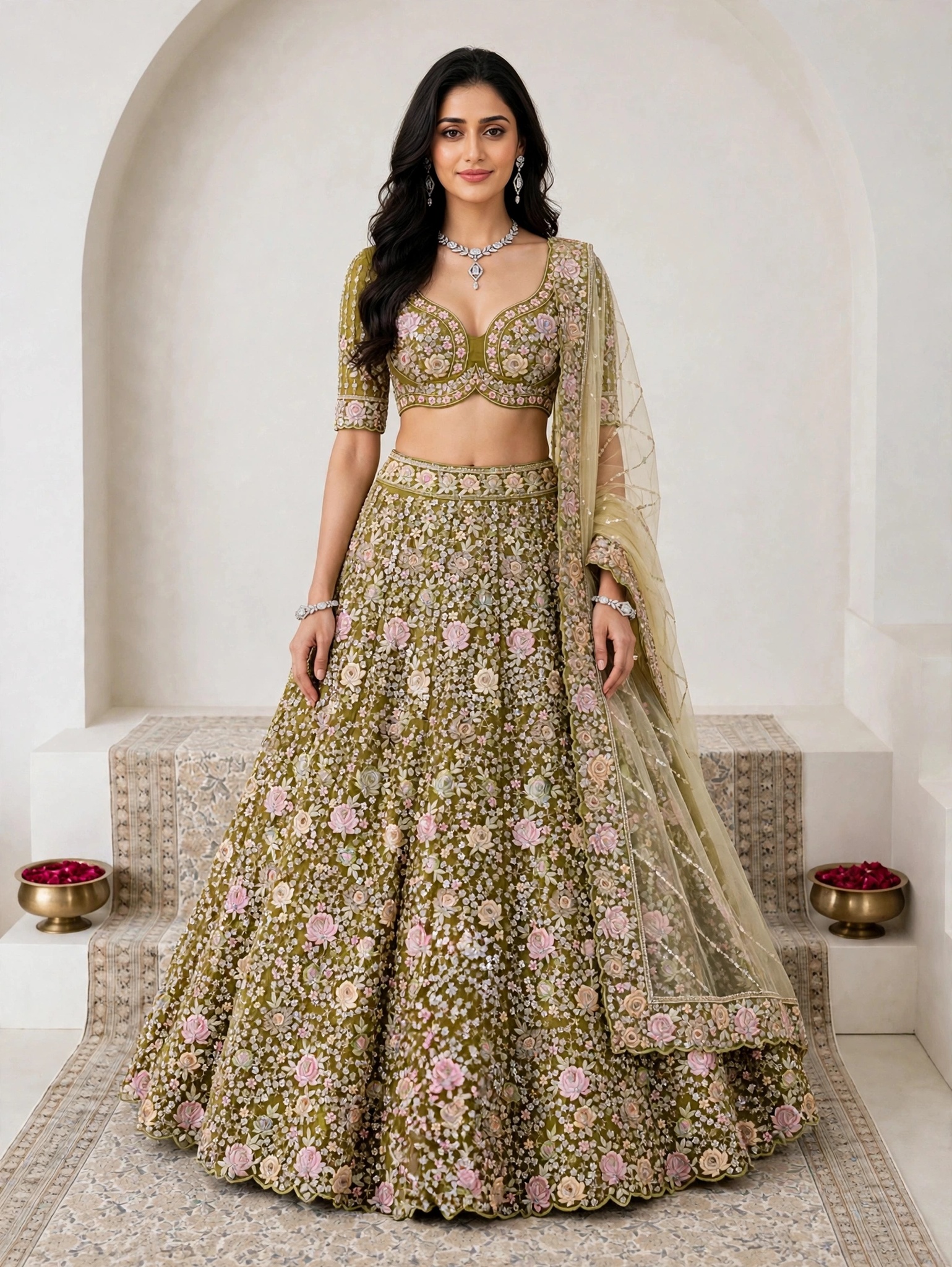 KF 21 Lemon Soft Net Bridal Lehenga Choli with Floral Motifs