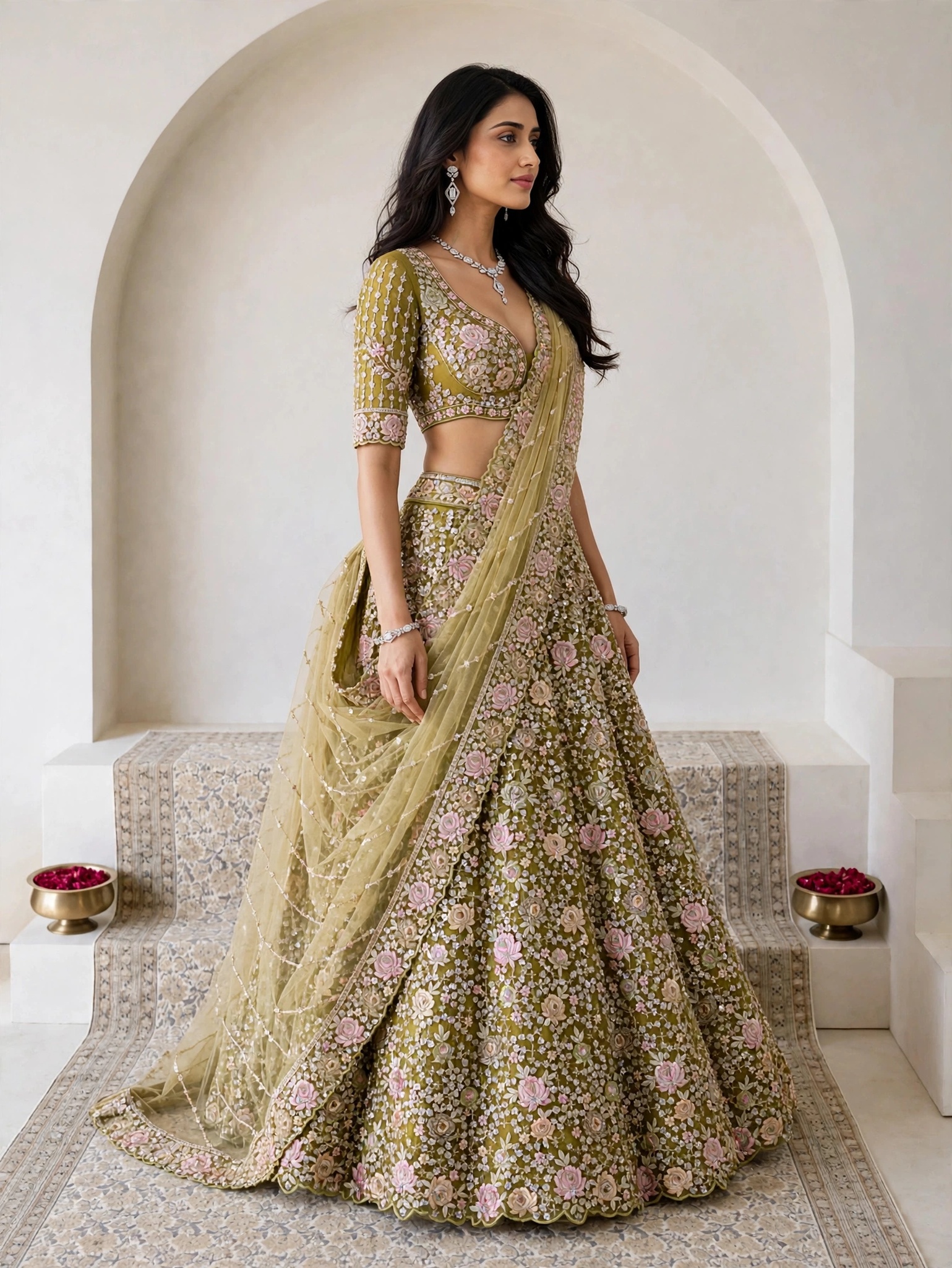 KF 21 Lemon Soft Net Bridal Lehenga Choli with Floral Motifs — Wholesale Lehenga, Vardan Ethnic wholesale from Surat — view 4