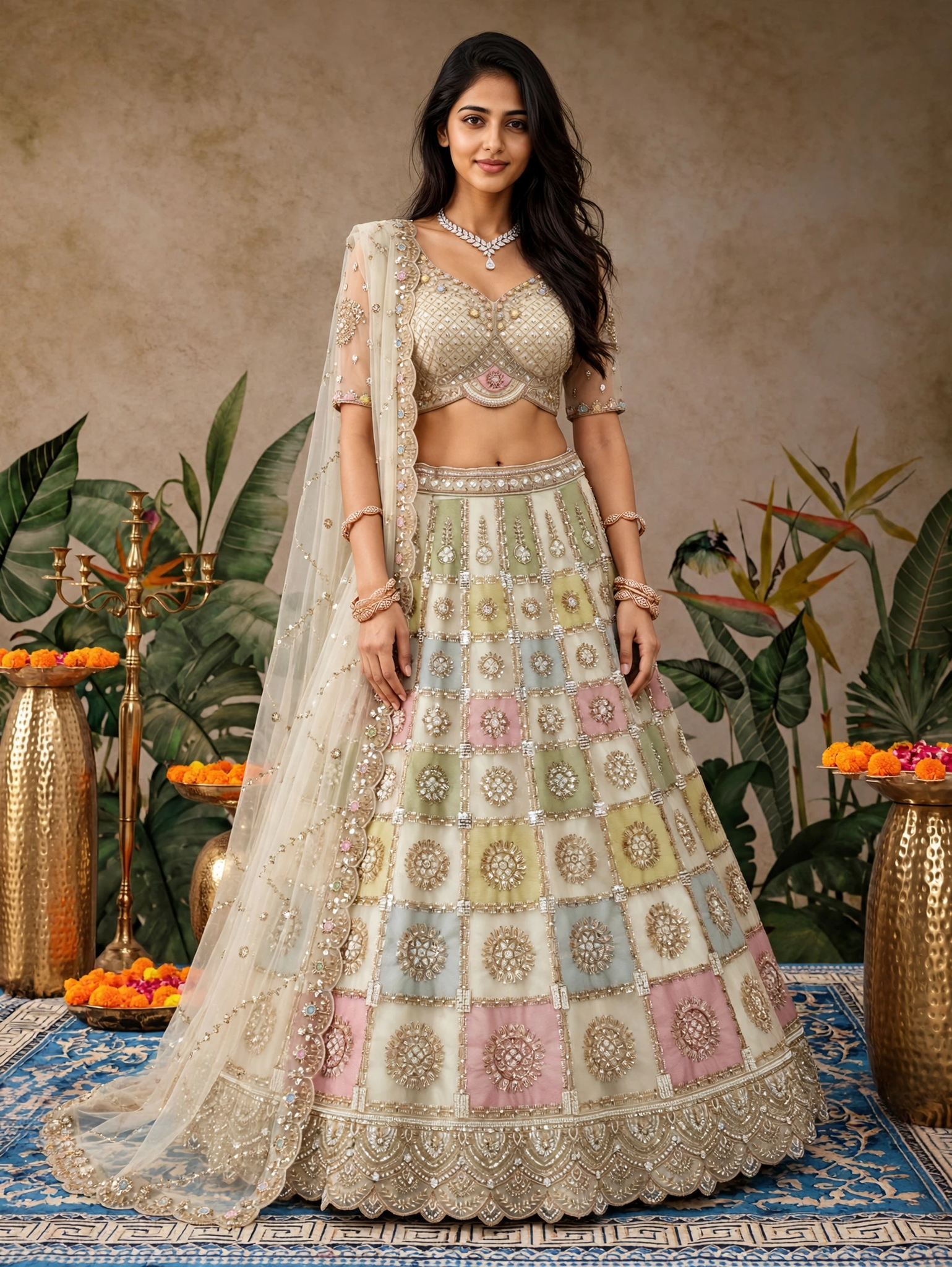 KF 86 White Net Lehenga Choli with Multicolour Box Motifs Rainbow Charm Designer Lehenga