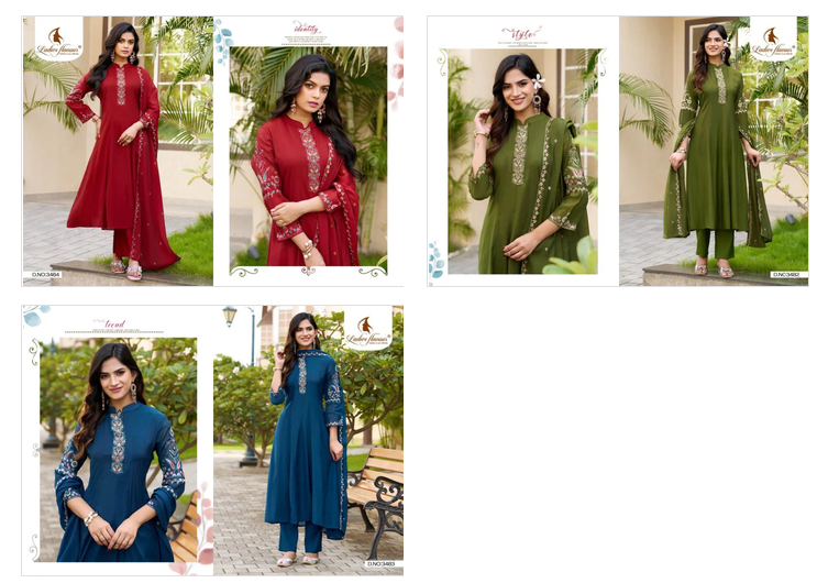 Ladies Flavour 3482 To 3484 Mul Chanderi Embroidered Kurti Set With Bottom and Dupatta — Wholesale Salwar Suits, Ladies Flavour wholesale from Surat — Photo 5