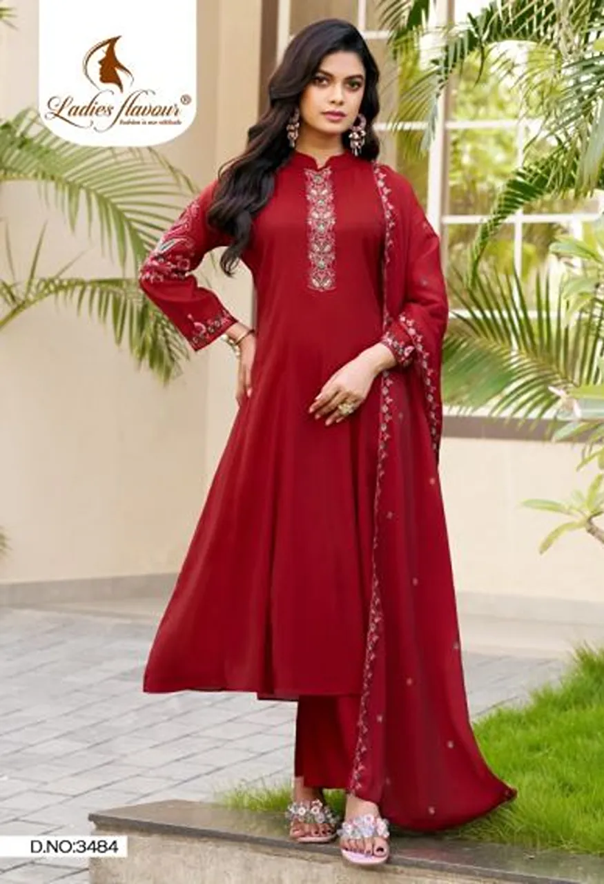 Ladies Flavour 3482 To 3484 Mul Chanderi Embroidered Kurti Set With Bottom and Dupatta — Wholesale Salwar Suits, Ladies Flavour wholesale from Surat — Photo 2