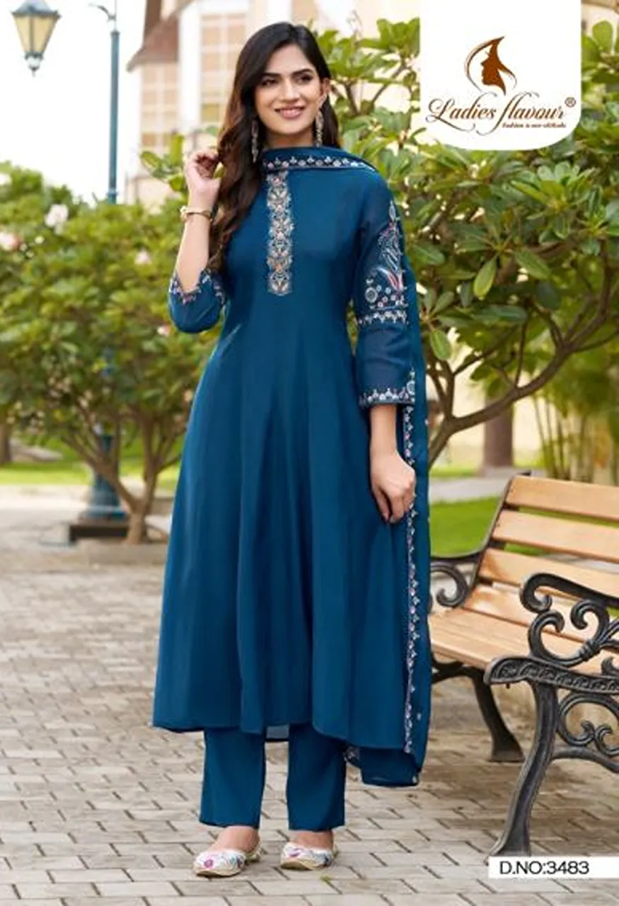 Ladies Flavour 3482 To 3484 Mul Chanderi Embroidered Kurti Set With Bottom and Dupatta — Wholesale Salwar Suits, Ladies Flavour wholesale from Surat — Photo 3