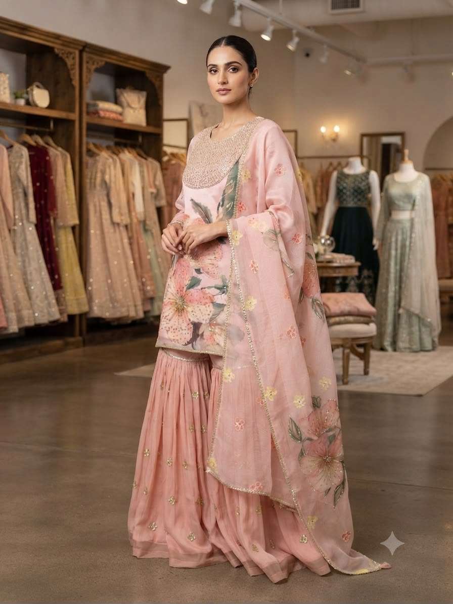 LG 2130 Organza Beautiful Sequence Embroidered Worked Top Sarara With Dupatta Set