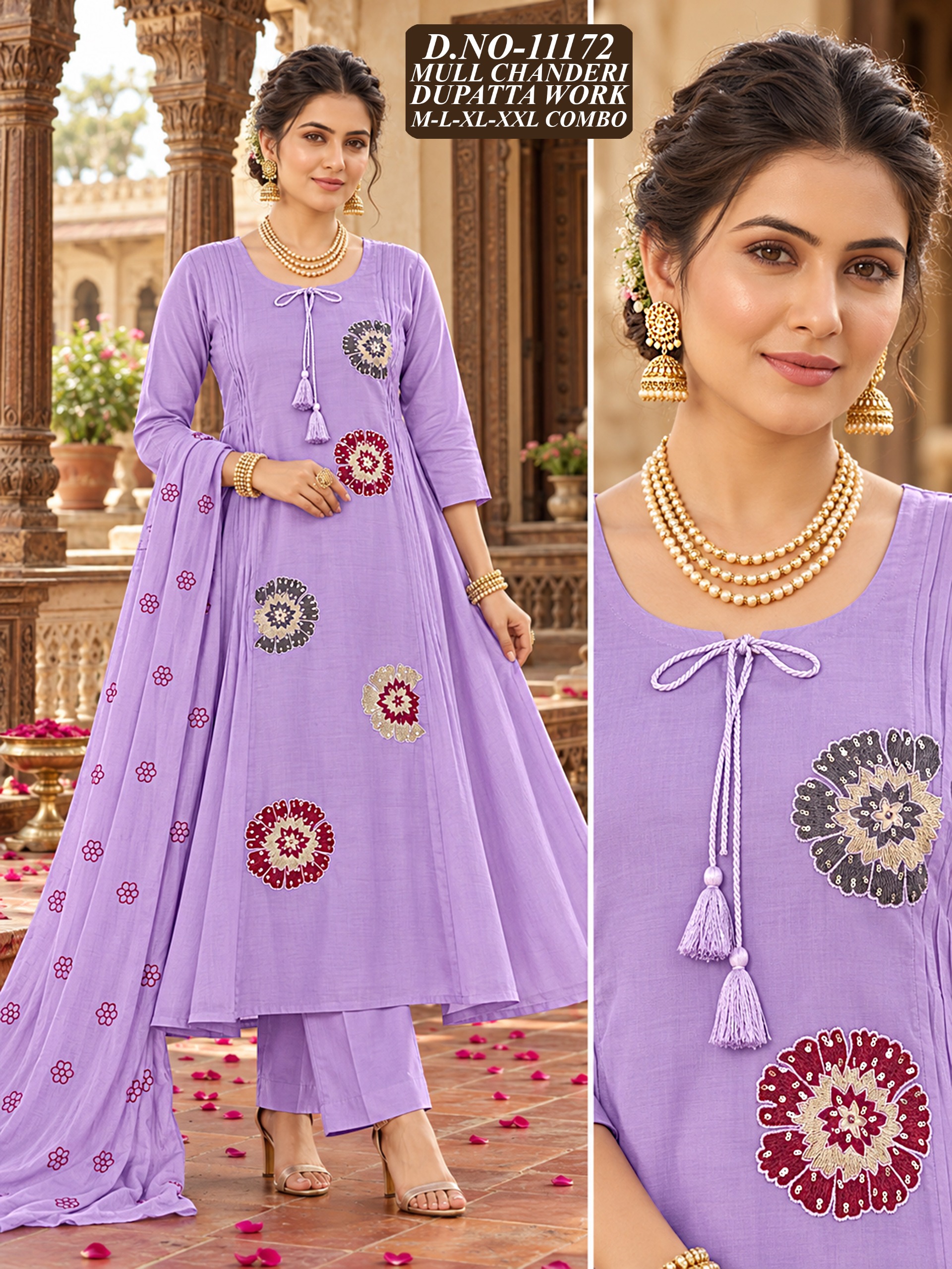 Mul Chanderi Gera 3-Piece Suit Set with Fancy Computer Work — Wholesale Kurtis, Vardan Ethnic wholesale from Surat — view 3