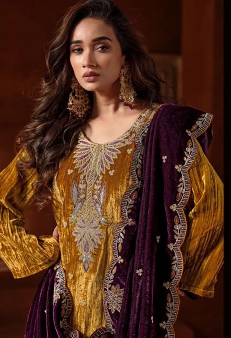 Mumtaz Arts Naazneen Crush Velvet Embroidered Designer Salwar Kameez