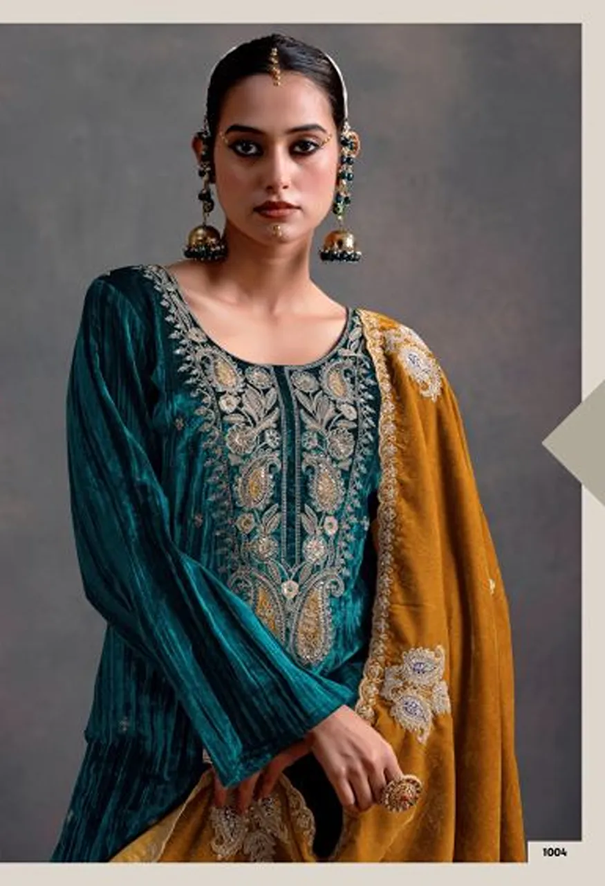 Mumtaz Arts Rangreza Crush Velvet Embroidered Designer Salwar Kameez