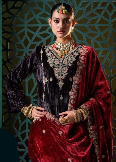Mumtaz Arts Rukhsar Crush Velvet Embroidered Designer Salwar Kameez