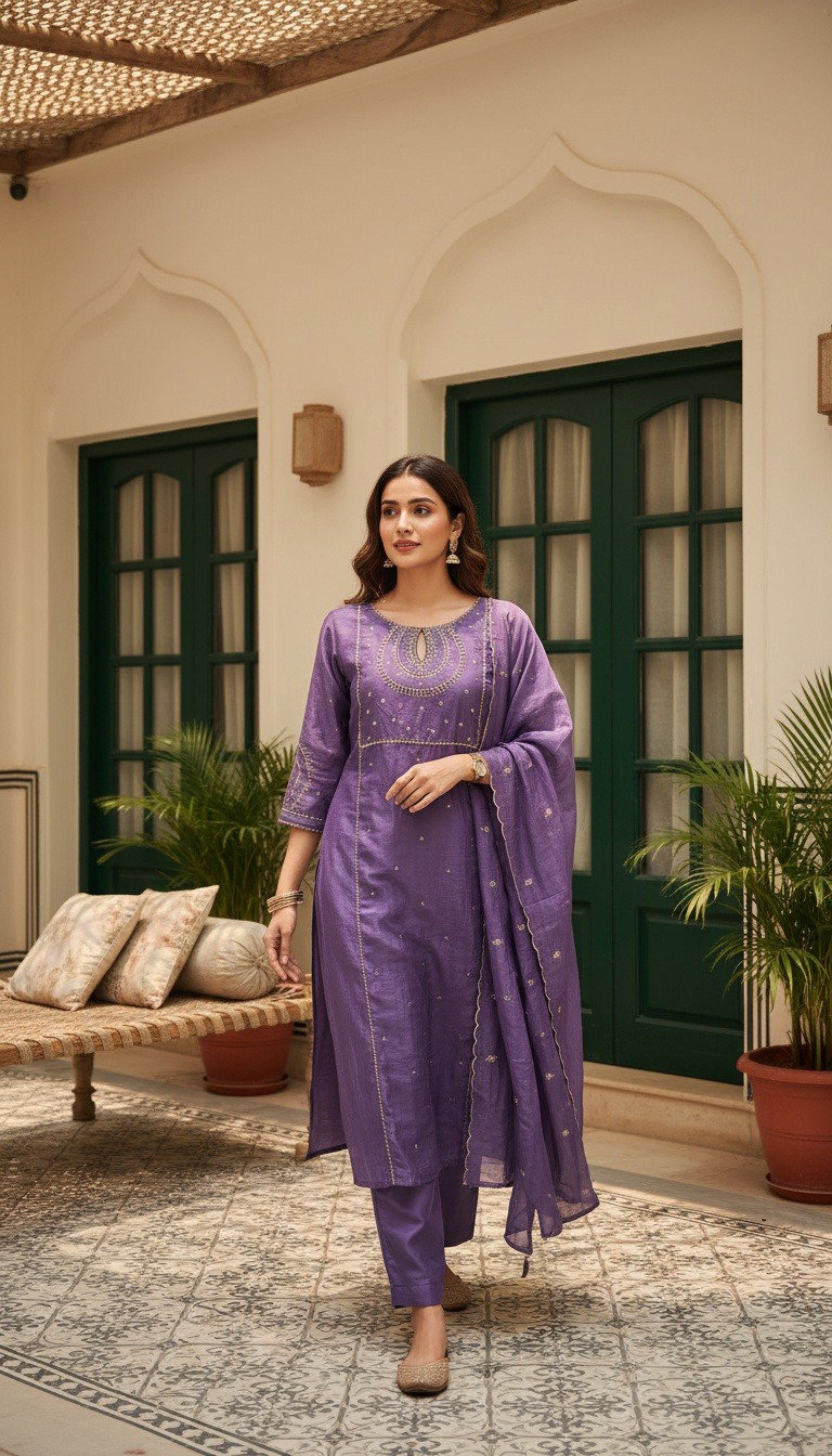 Naisha K 1373 Mul Chanderi Embroidered Kurti With Bottom Dupatta Set
