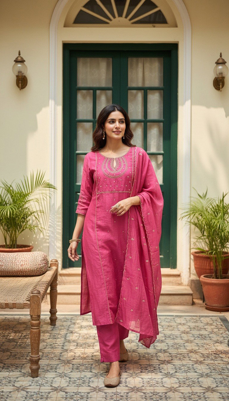Naisha K 1373 Mul Chanderi Embroidered Kurti With Bottom Dupatta Set — Wholesale, Vardan Ethnic wholesale from Surat — view 2