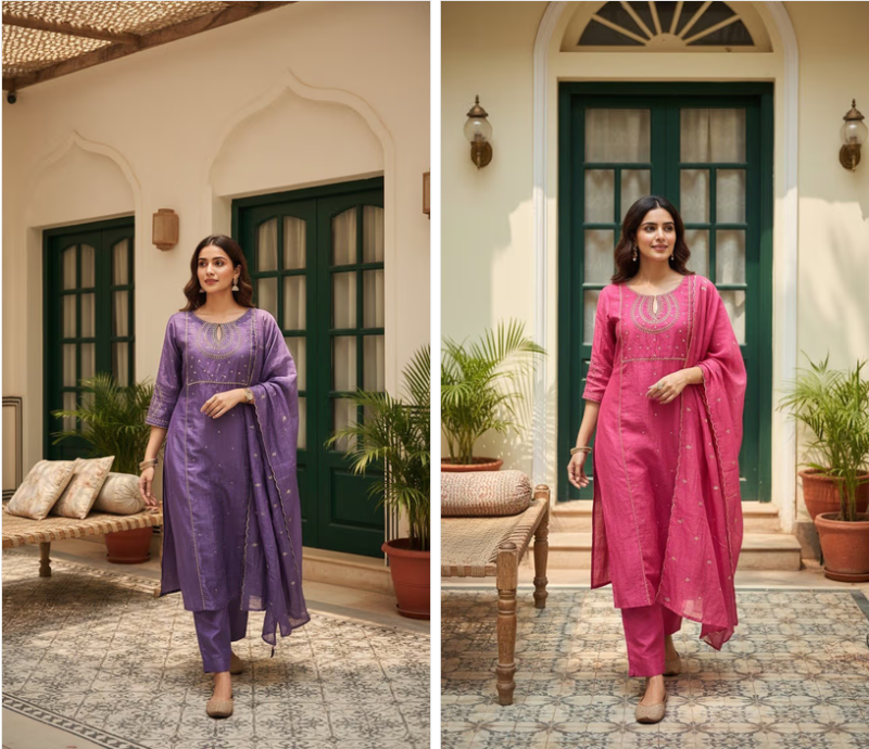 Naisha K 1373 Mul Chanderi Embroidered Kurti With Bottom Dupatta Set — Wholesale, Vardan Ethnic wholesale from Surat — view 3