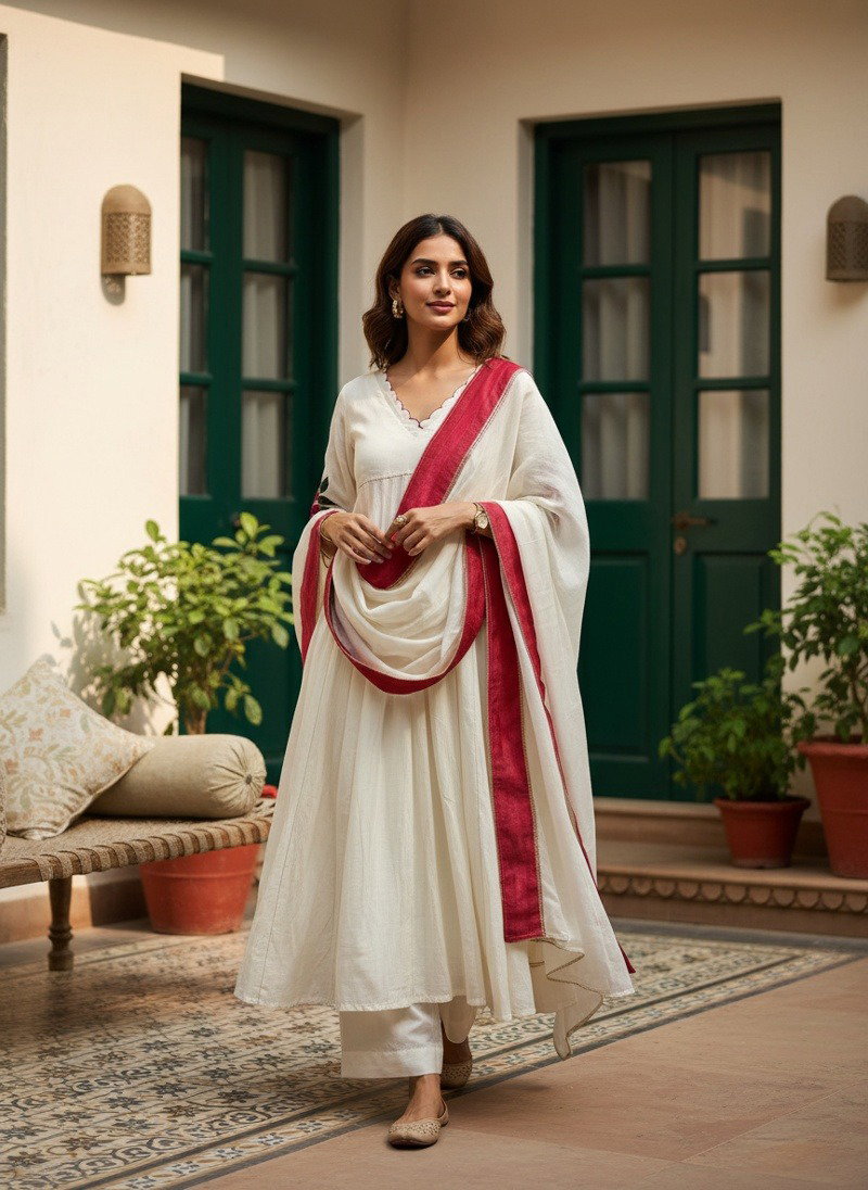 Naisha K 1374 Mul Chanderi Embroidered Anarkali Kurti With Bottom Dupatta Set