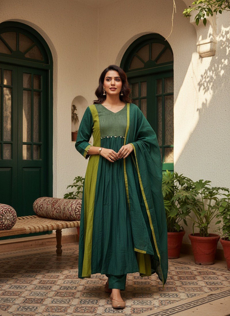 Naisha K 1375 Mul Chanderi Embroidered Anarkali Kurti With Bottom Dupatta Set