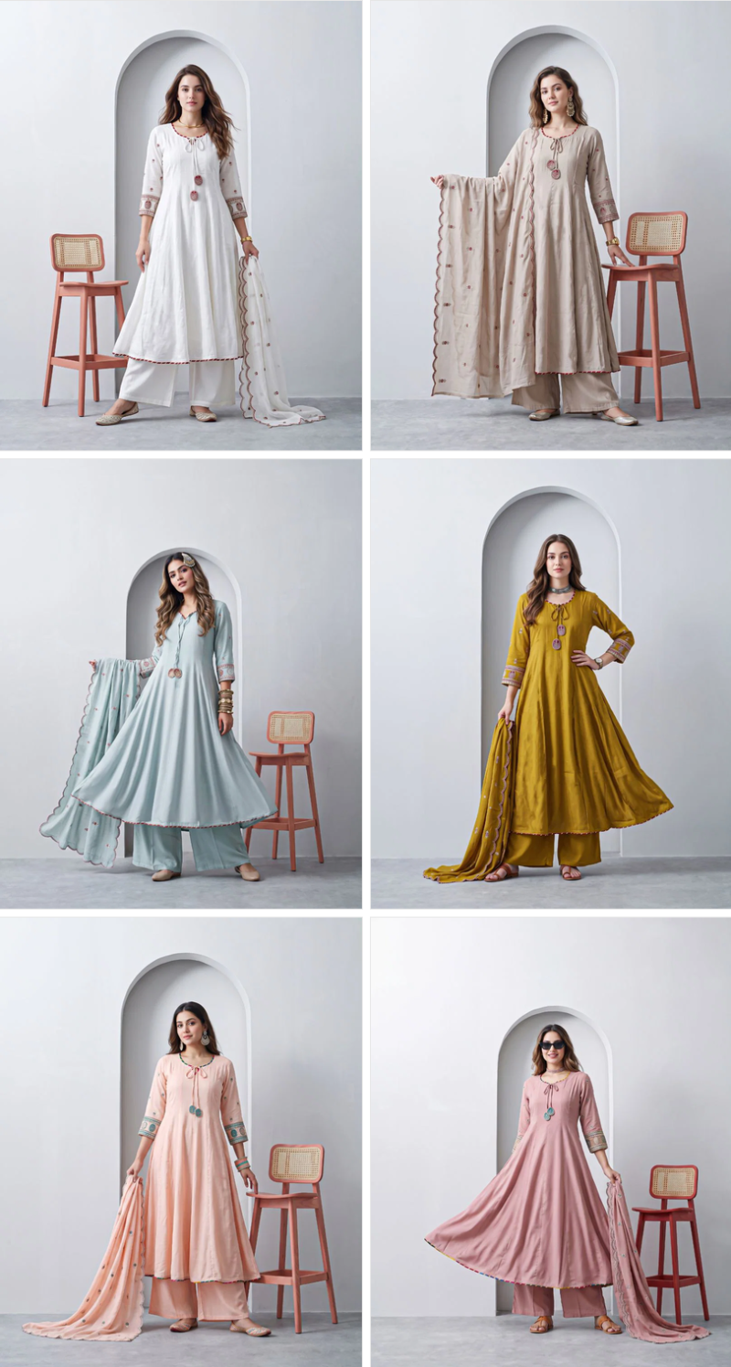 Naisha K 1431 Roman Fancy Work Anarkali Kurti With Bottom Dupatta Set — Wholesale Kurtis, Vardan Ethnic wholesale from Surat — Photo 8