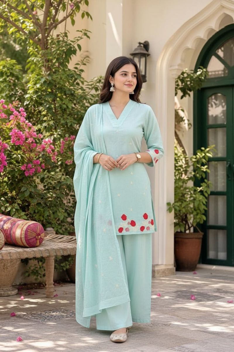 Naisha K 1437 Cotton Hand Work Fancy Kurti With Bottom Dupatta Set