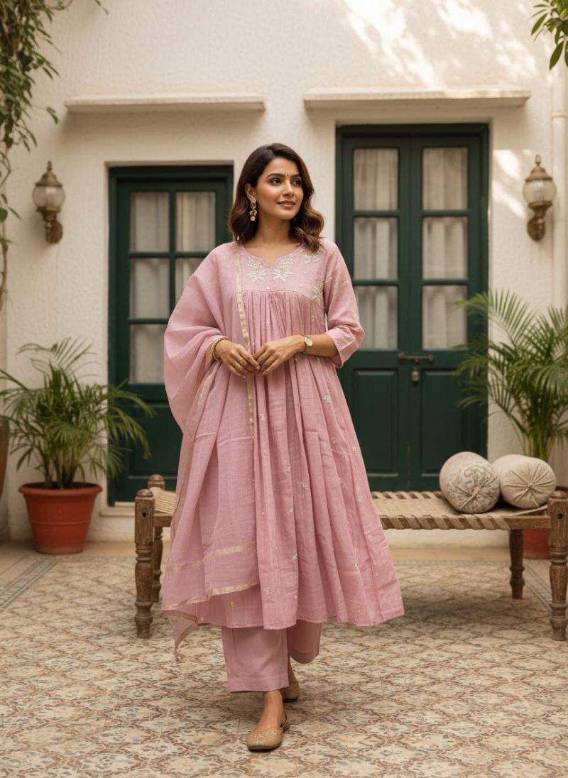 Naisha K 1438 Mul Chanderi Hand Work Designer Kurti With Bottom Dupatta Set