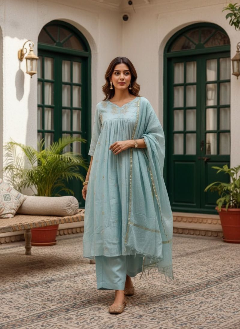 Naisha K 1438 Mul Chanderi Hand Work Designer Kurti With Bottom Dupatta Set — Wholesale Kurtis, Vardan Ethnic wholesale from Surat — Photo 3