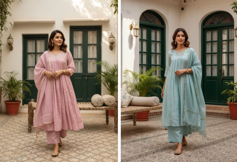 Naisha K 1438 Mul Chanderi Hand Work Designer Kurti With Bottom Dupatta Set — Wholesale Kurtis, Vardan Ethnic wholesale from Surat — Photo 4