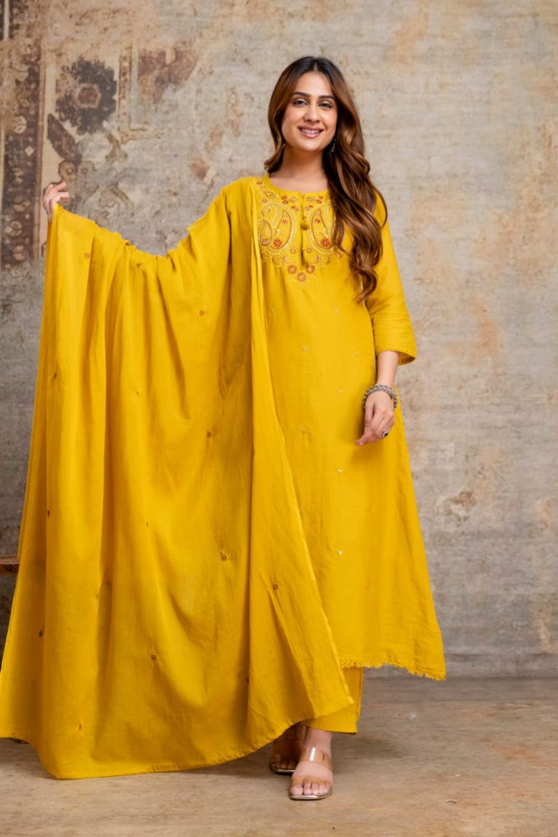 Naisha K 1439 Mul Mul Embroidered Fancy Kurti With Bottom Dupatta Set — Wholesale Kurtis, Vardan Ethnic wholesale from Surat — view 2