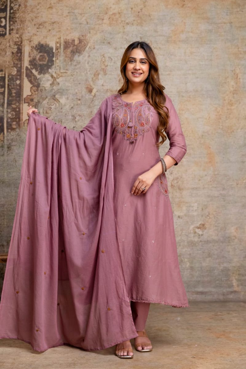 Naisha K 1439 Mul Mul Embroidered Fancy Kurti With Bottom Dupatta Set — Wholesale Kurtis, Vardan Ethnic wholesale from Surat — view 3