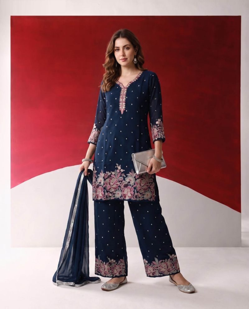 Naisha K 1442 Georgette Embroidered Designer Kurti With Bottom Dupatta — Wholesale Kurtis, Vardan Ethnic wholesale from Surat — Photo 4