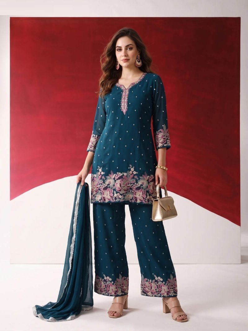 Naisha K 1442 Georgette Embroidered Designer Kurti With Bottom Dupatta