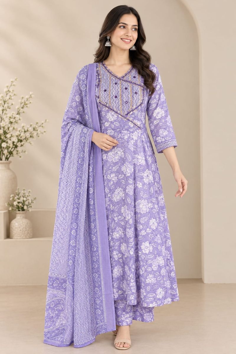 Naisha K 1449 Pure Cotton Printed Anarkali Kurti with Bottom and Dupatta — Wholesale Kurtis, Vardan Ethnic wholesale from Surat — Photo 4