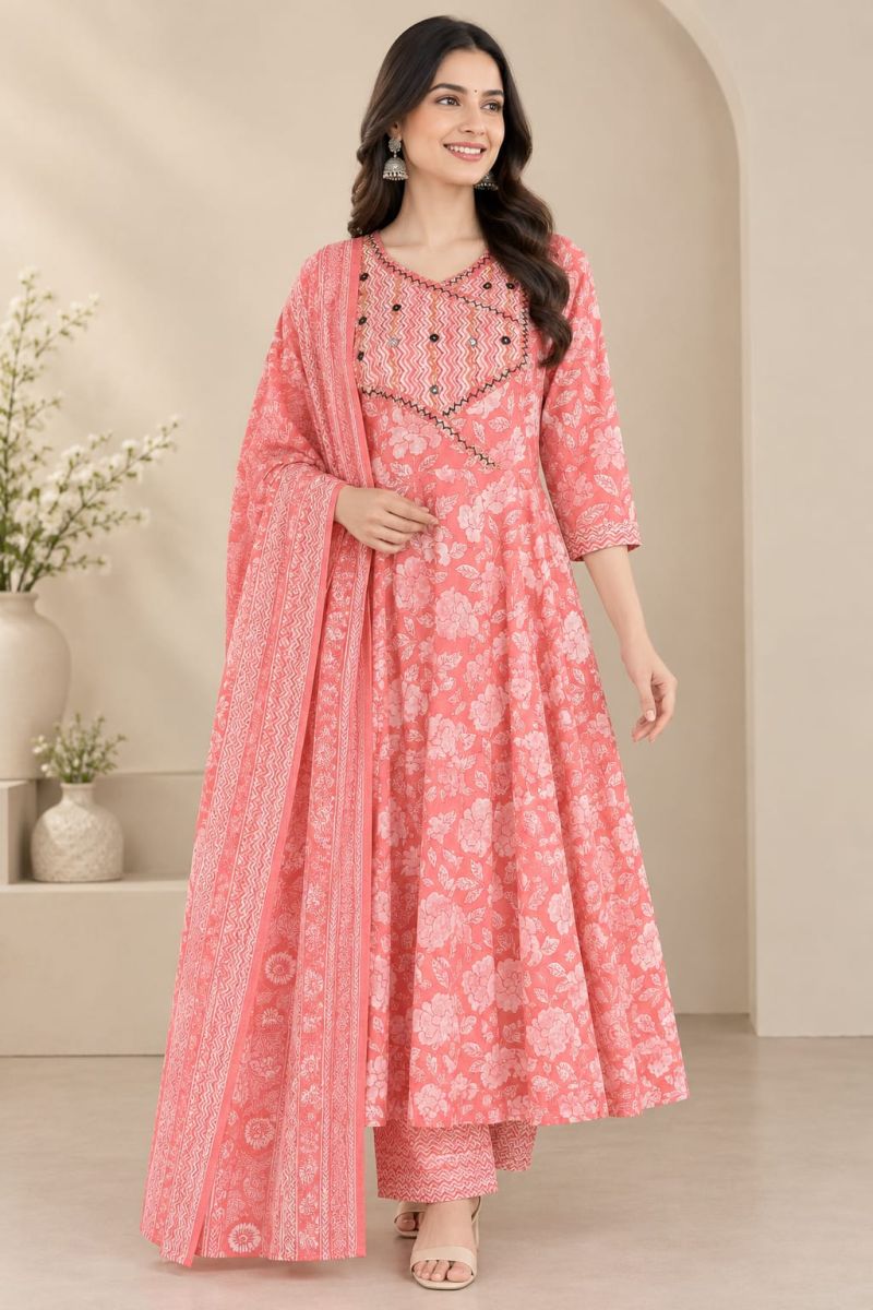 Naisha K 1449 Pure Cotton Printed Anarkali Kurti with Bottom and Dupatta — Wholesale Kurtis, Vardan Ethnic wholesale from Surat — Photo 3