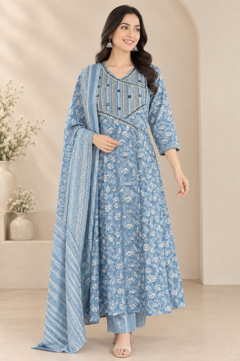 Naisha K 1449 Pure Cotton Printed Anarkali Kurti with Bottom and Dupatta — Wholesale Kurtis, Vardan Ethnic wholesale from Surat — Photo 2