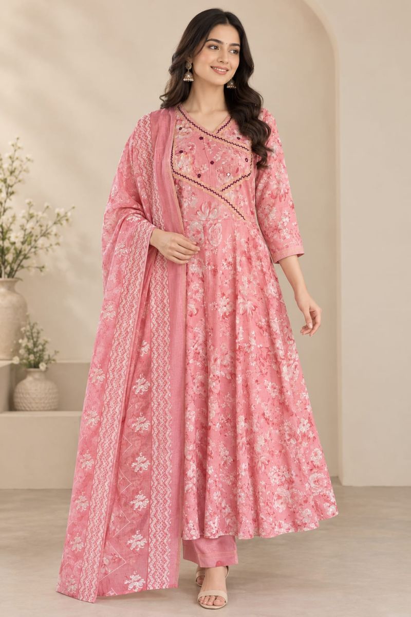 Naisha K 1449 Pure Cotton Printed Anarkali Kurti with Bottom and Dupatta