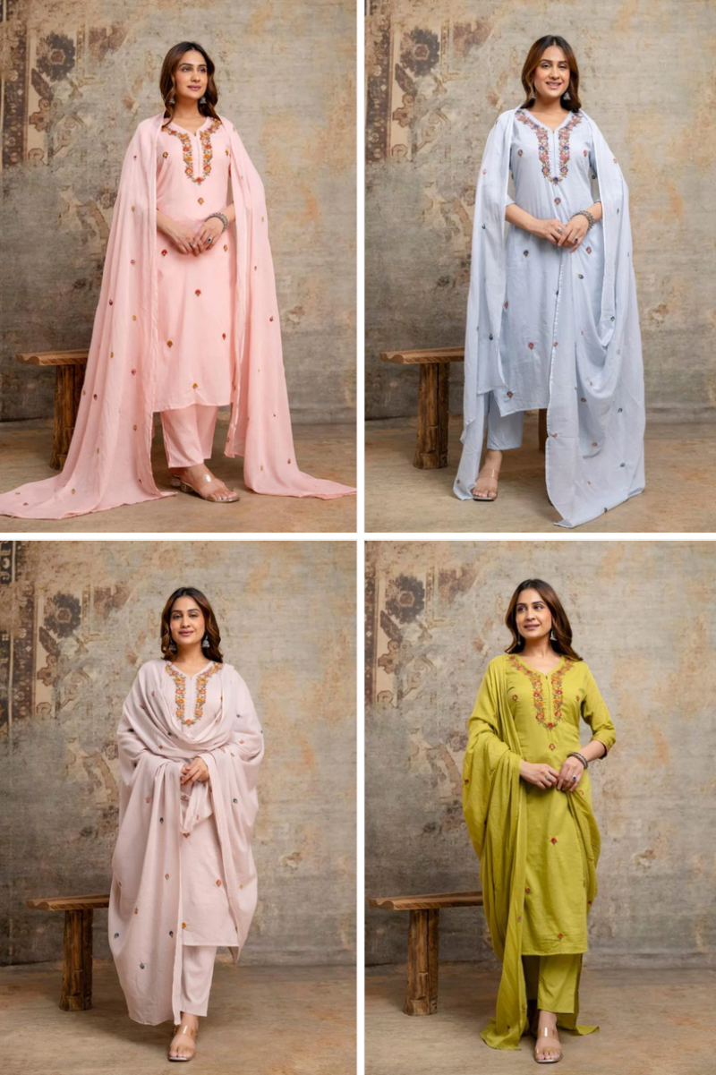 Naisha K 1452 Mul Cotton Embroidered Kurti with Bottom and Dupatta – Wholesale Collection — Wholesale Kurtis, Vardan Ethnic wholesale from Surat — view 6