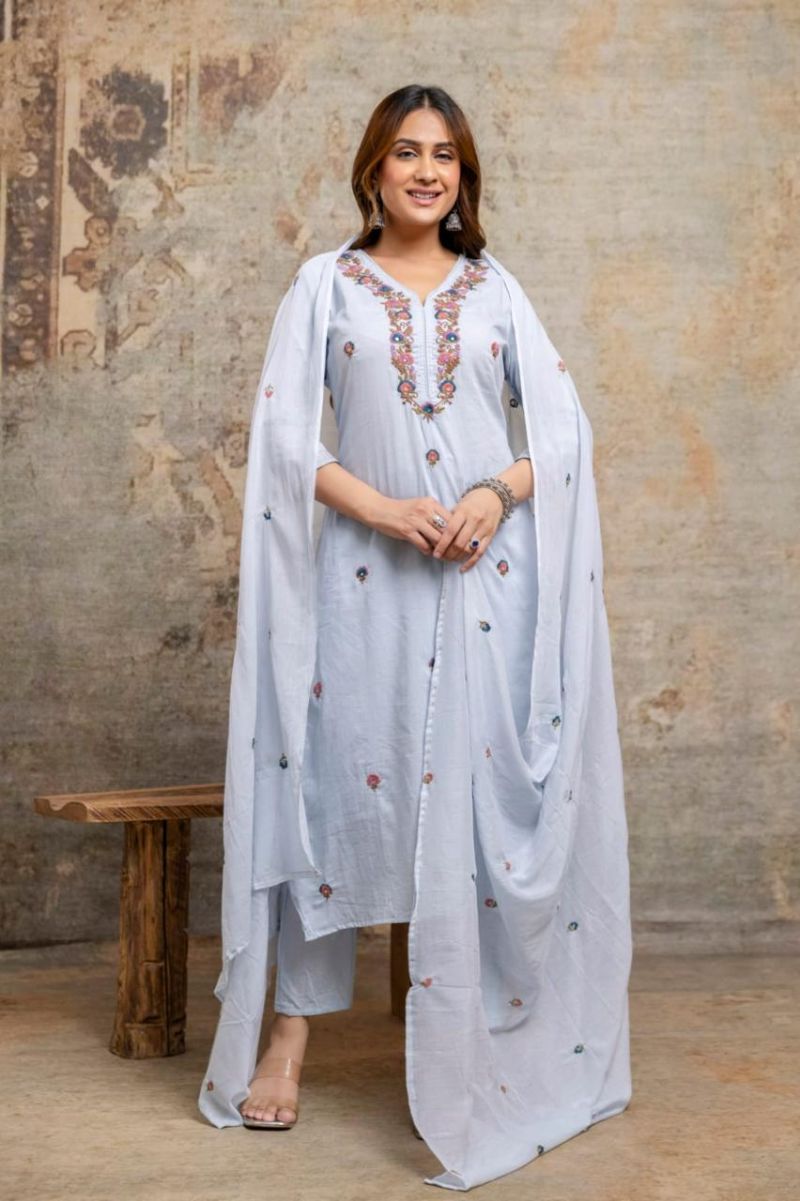 Naisha K 1452 Mul Cotton Embroidered Kurti with Bottom and Dupatta – Wholesale Collection — Wholesale Kurtis, Vardan Ethnic wholesale from Surat — view 4