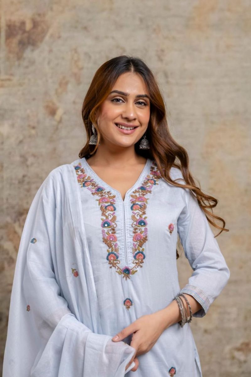 Naisha K 1452 Mul Cotton Embroidered Kurti with Bottom and Dupatta – Wholesale Collection