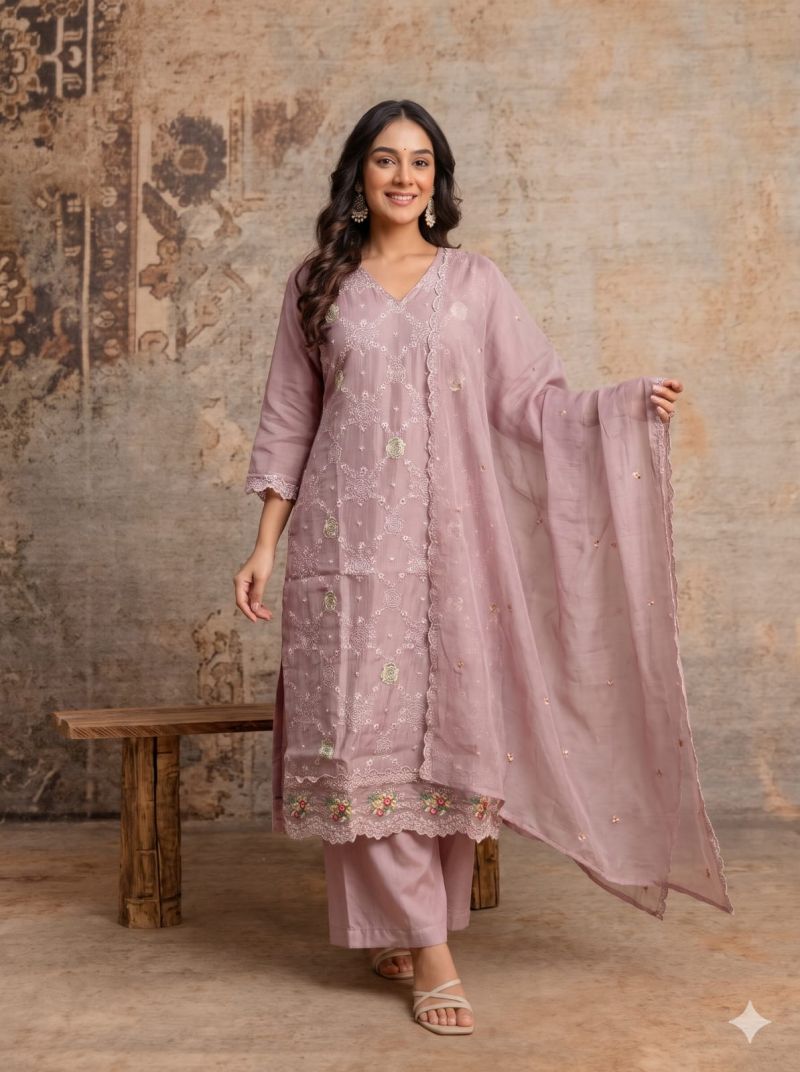 Naisha K 1454 Mul Silk Embroidered Designer Kurti with Bottom and Dupatta — Wholesale Kurtis, Vardan Ethnic wholesale from Surat — Photo 3