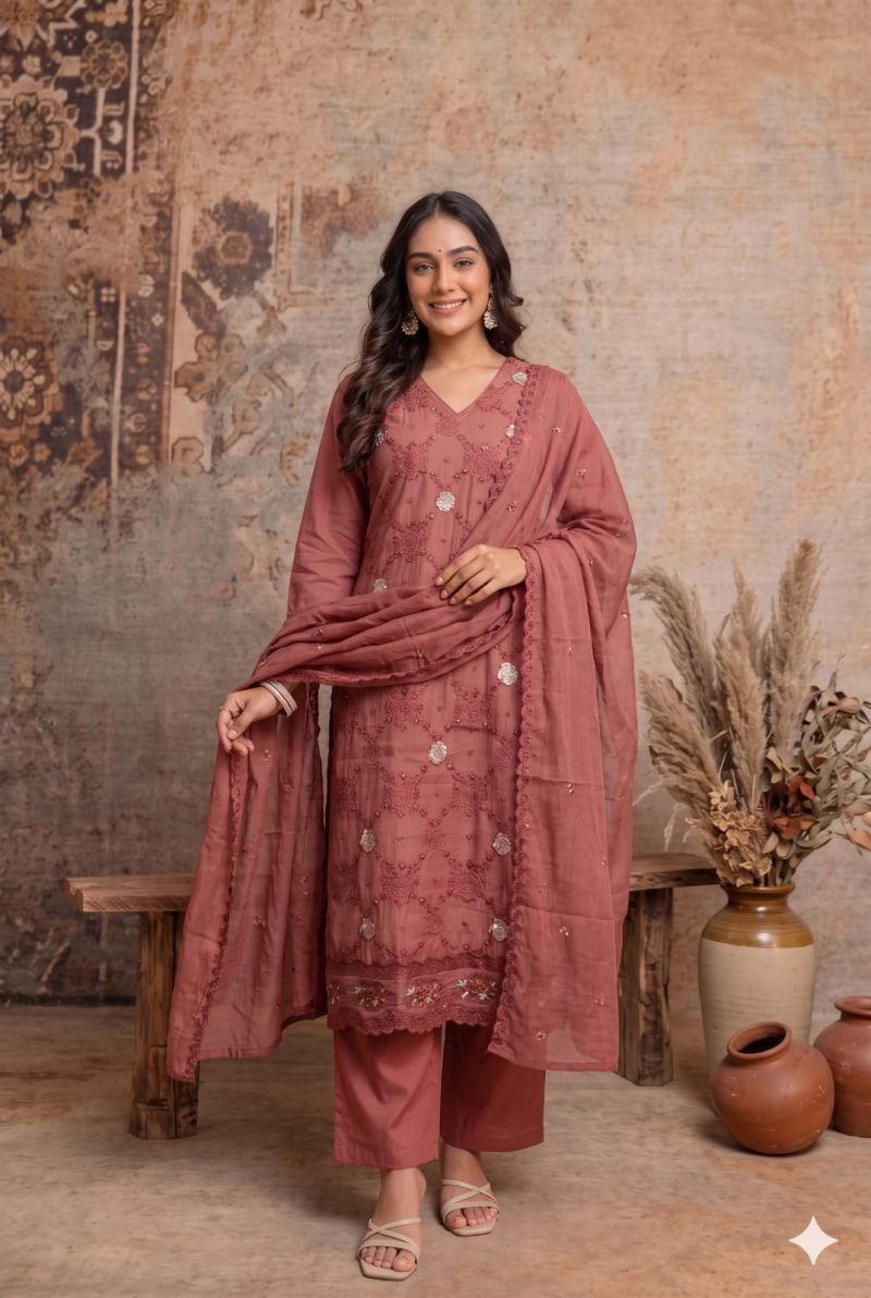 Naisha K 1454 Mul Silk Embroidered Designer Kurti with Bottom and Dupatta — Wholesale Kurtis, Vardan Ethnic wholesale from Surat — Photo 2