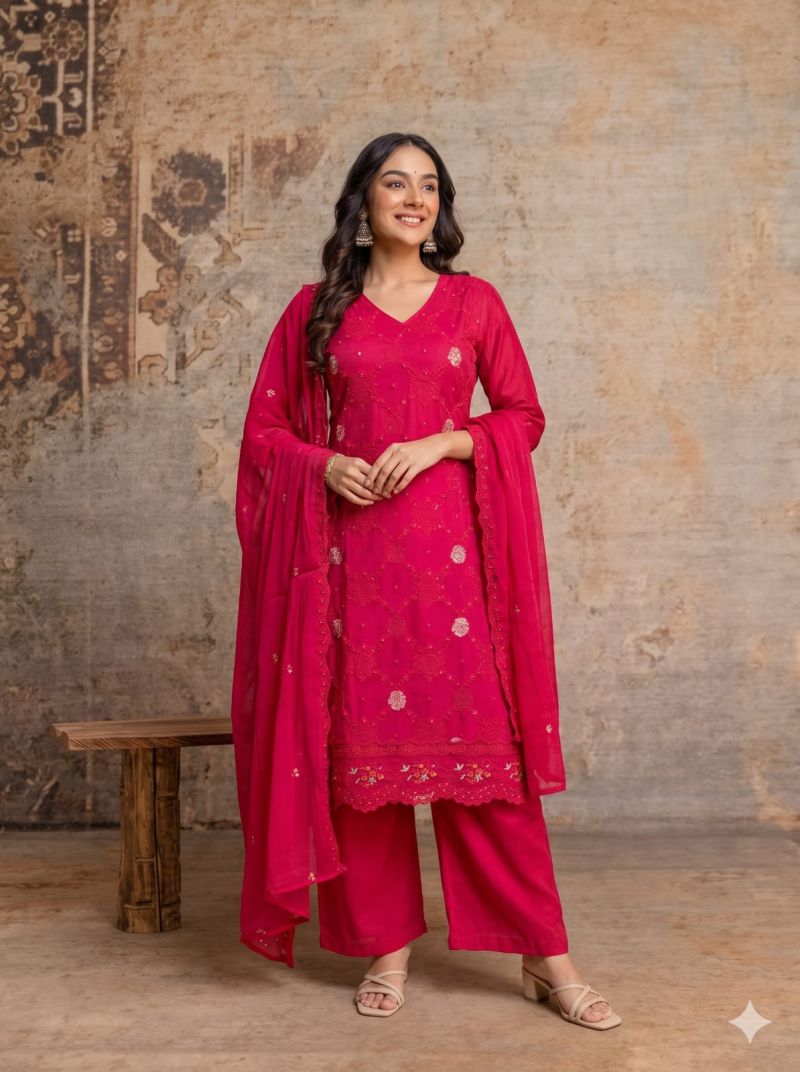 Naisha K 1454 Mul Silk Embroidered Designer Kurti with Bottom and Dupatta — Wholesale Kurtis, Vardan Ethnic wholesale from Surat — Photo 6