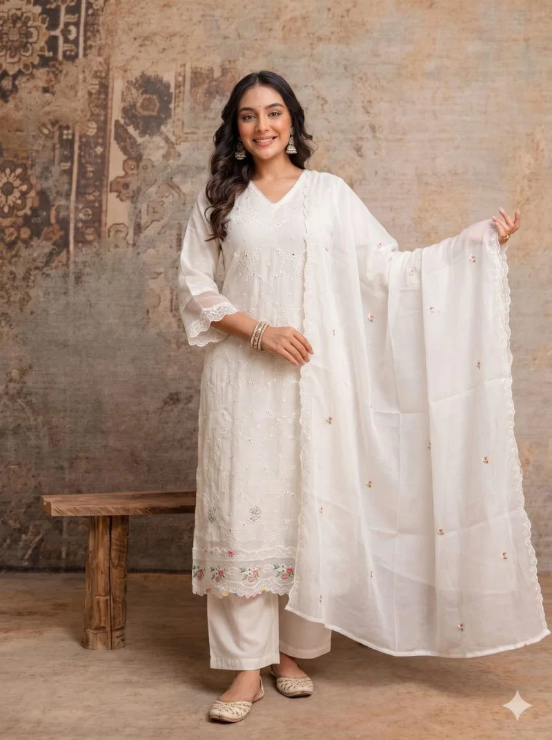 Naisha K 1454 Mul Silk Embroidered Designer Kurti with Bottom and Dupatta — Wholesale Kurtis, Vardan Ethnic wholesale from Surat — Photo 5