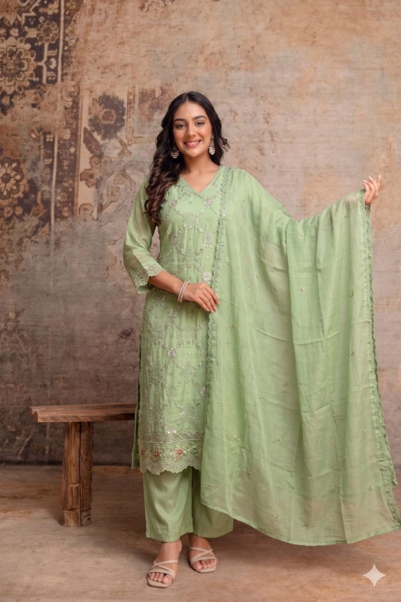 Naisha K 1454 Mul Silk Embroidered Designer Kurti with Bottom and Dupatta — Wholesale Kurtis, Vardan Ethnic wholesale from Surat — Photo 4