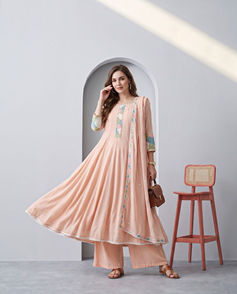 Naisha K 1459 Mul Chanderi Handwork Anarkali Kurti with Bottom and Dupatta Wholesale Collection — Wholesale Kurtis, Vardan Ethnic wholesale from Surat — Photo 2