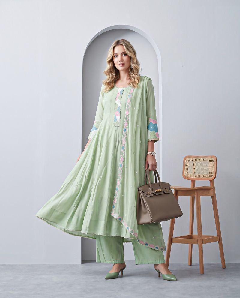 Naisha K 1459 Mul Chanderi Handwork Anarkali Kurti with Bottom and Dupatta Wholesale Collection
