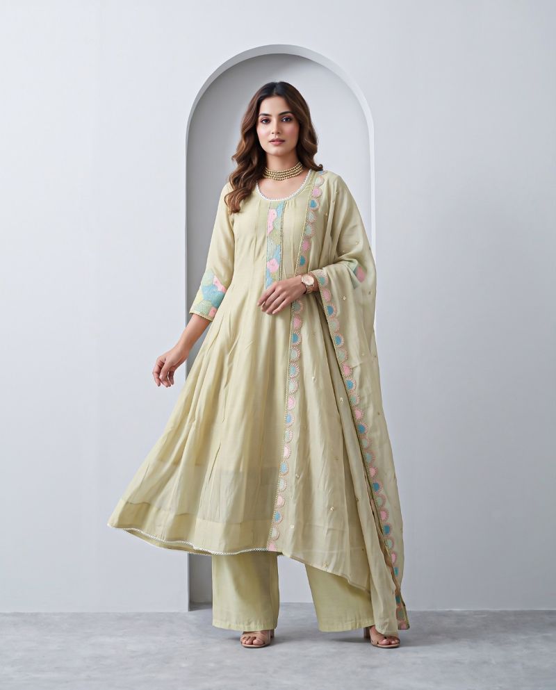 Naisha K 1459 Mul Chanderi Handwork Anarkali Kurti with Bottom and Dupatta Wholesale Collection — Wholesale Kurtis, Vardan Ethnic wholesale from Surat — Photo 5
